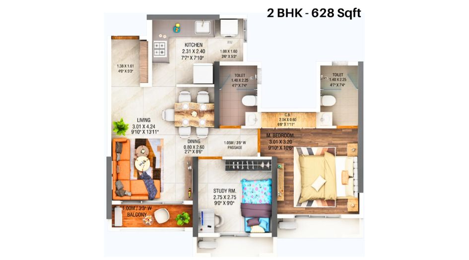 Dosti-West-County-Olive-Wing-B-Floor-Plan-2-BHK-628-sqft