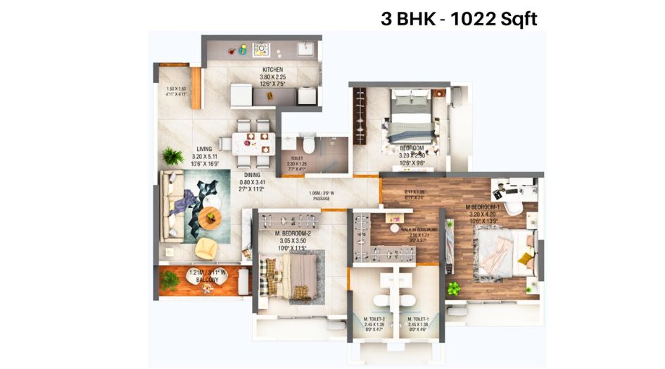Dosti-West-County-Olive-Wing-B-Floor-Plan-3-BHK-1022-sqft