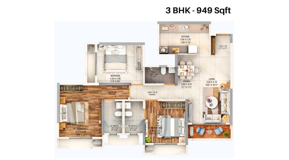 Dosti-West-County-Olive-Wing-B-Floor-Plan-3-BHK-949-sqft